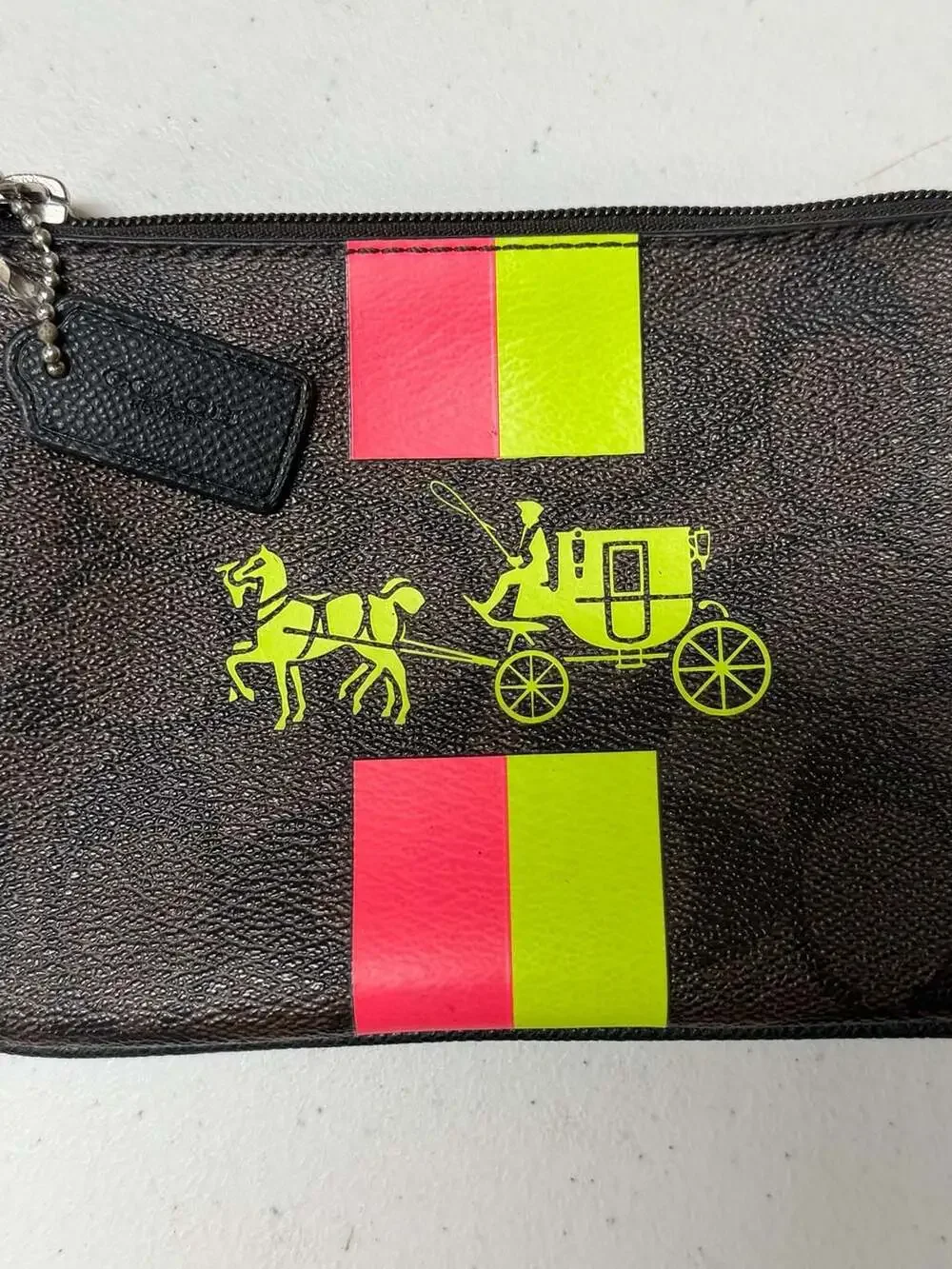 Coach Signature Corner Zip Wristlet Neon Pink Green Horse Carriage Pouch F52704